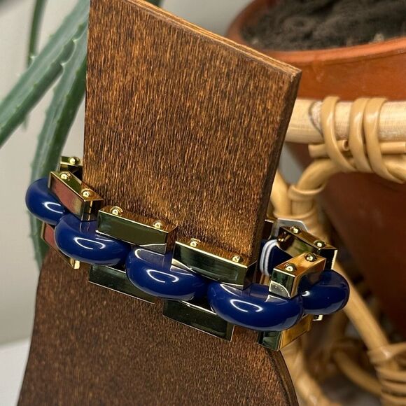 Tory Burch Accessories - Tory Burch Logo Link Chunky Bangle Bracelet Blue Gold Enamel Chain NWT MSRP $299